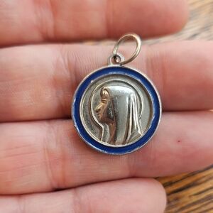 Antique Blue Enamel Silver Religious Our Lady Of Lourdes Pendant